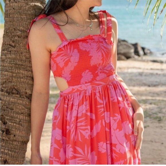 Japna Dresses & Skirts - Japna Maxi Dress Tropical Cutout Ruched Top Pink Red Floral Size‎ Large